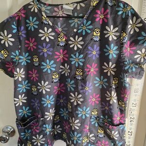 Gray Minions & Floral Print Scrub Top